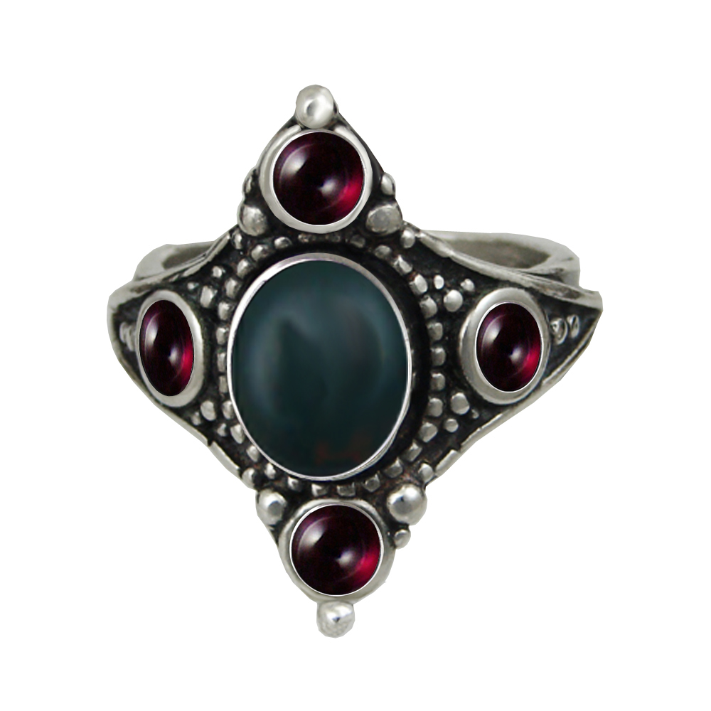 Sterling Silver Renaissance Queen's Ring With Bloodstone And Garnet Size 9